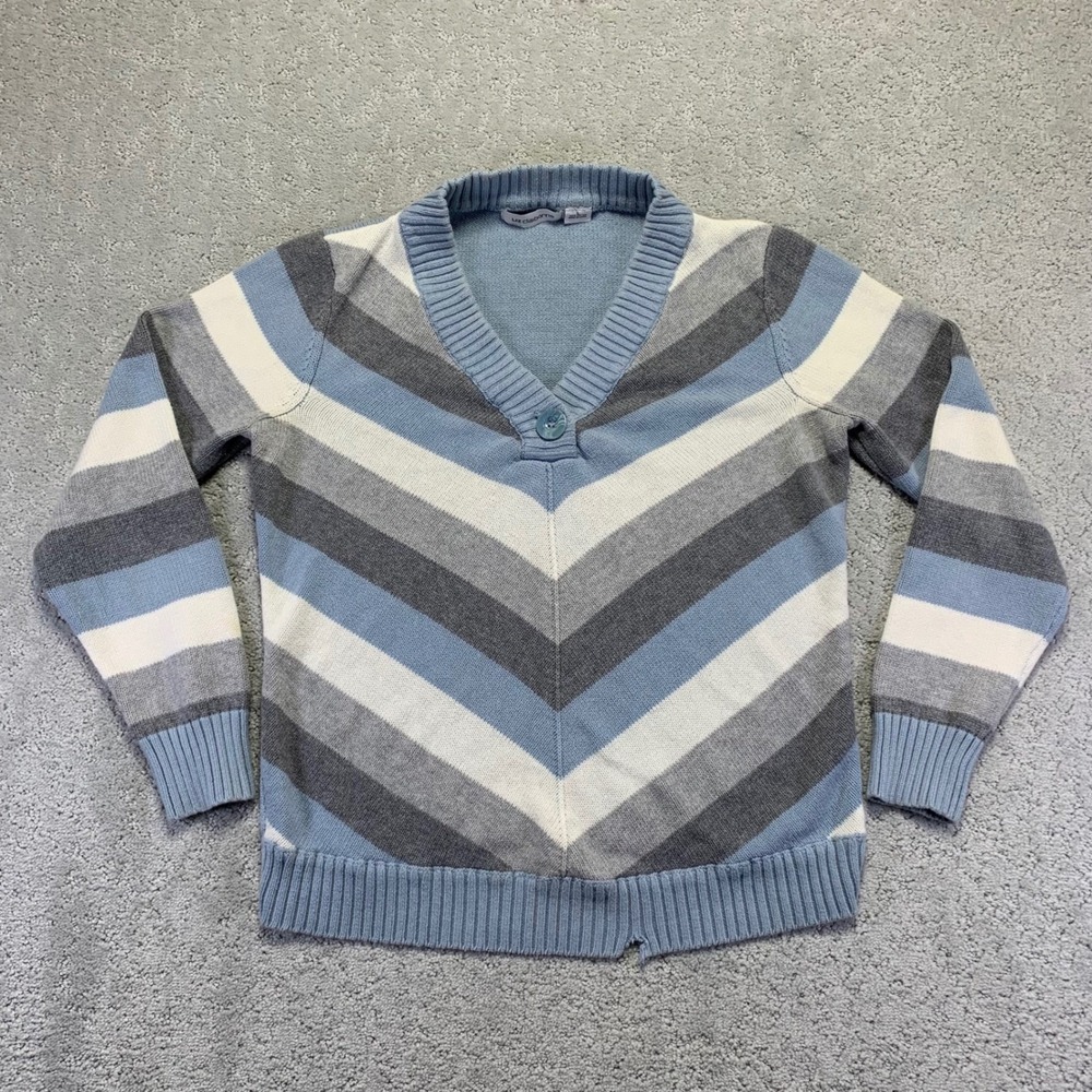 Liz Claiborne Womens Sweater Size Large Blue Gray White Stripe‎ V Neck Button